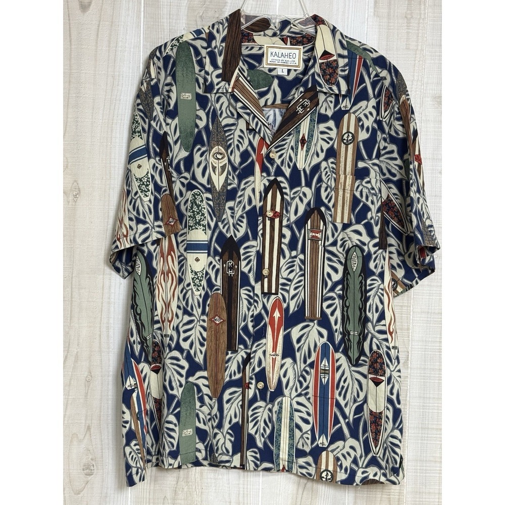 Vintage Kalaheo Hawaiian Shirt Mens L Surf Board Pattern Button Front USA Resort